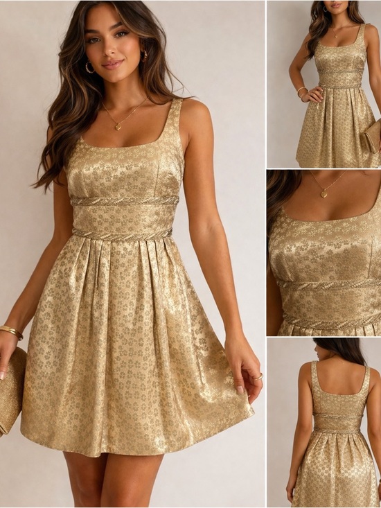 Carmen Marc Valvo Dresses & Skirts - Carmen Marc Valvo Gold Metallic Brocade Fit & Flare Dress (Size 2)